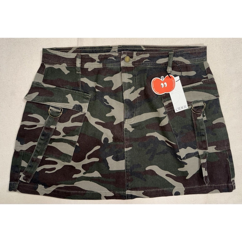 NWT Cider Sz 1XL Women's Camo Cargo Skirt‎ Utility Denim Grunge Y2K
